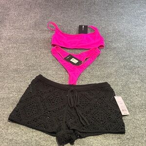 Fashion Nova Hot Pink Bikini Set with Black Crochet Shorts
